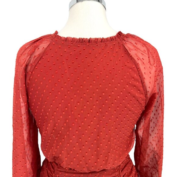 Floret Studios Polka Dot Ruffle Ruched V-Neck Mini Dress Marsala Red Size Small - Picture 7 of 11